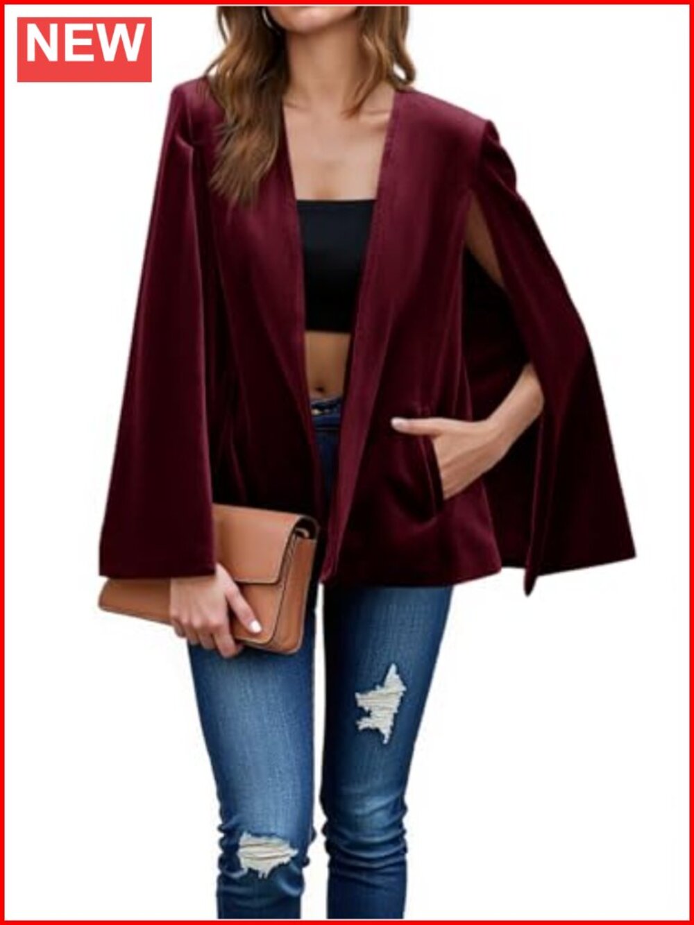 Velvet Cape Blazer Split Long Sleeve Open Front Jacket